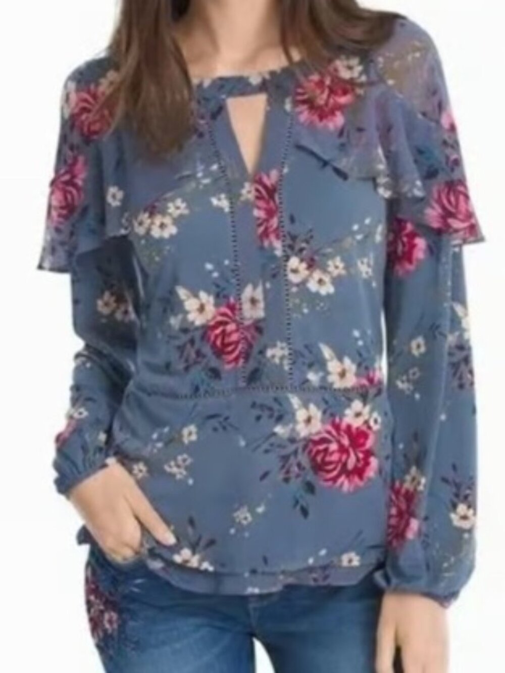 White House Black Market - Slate Blue Floral Ruffle Yoke Blouse
